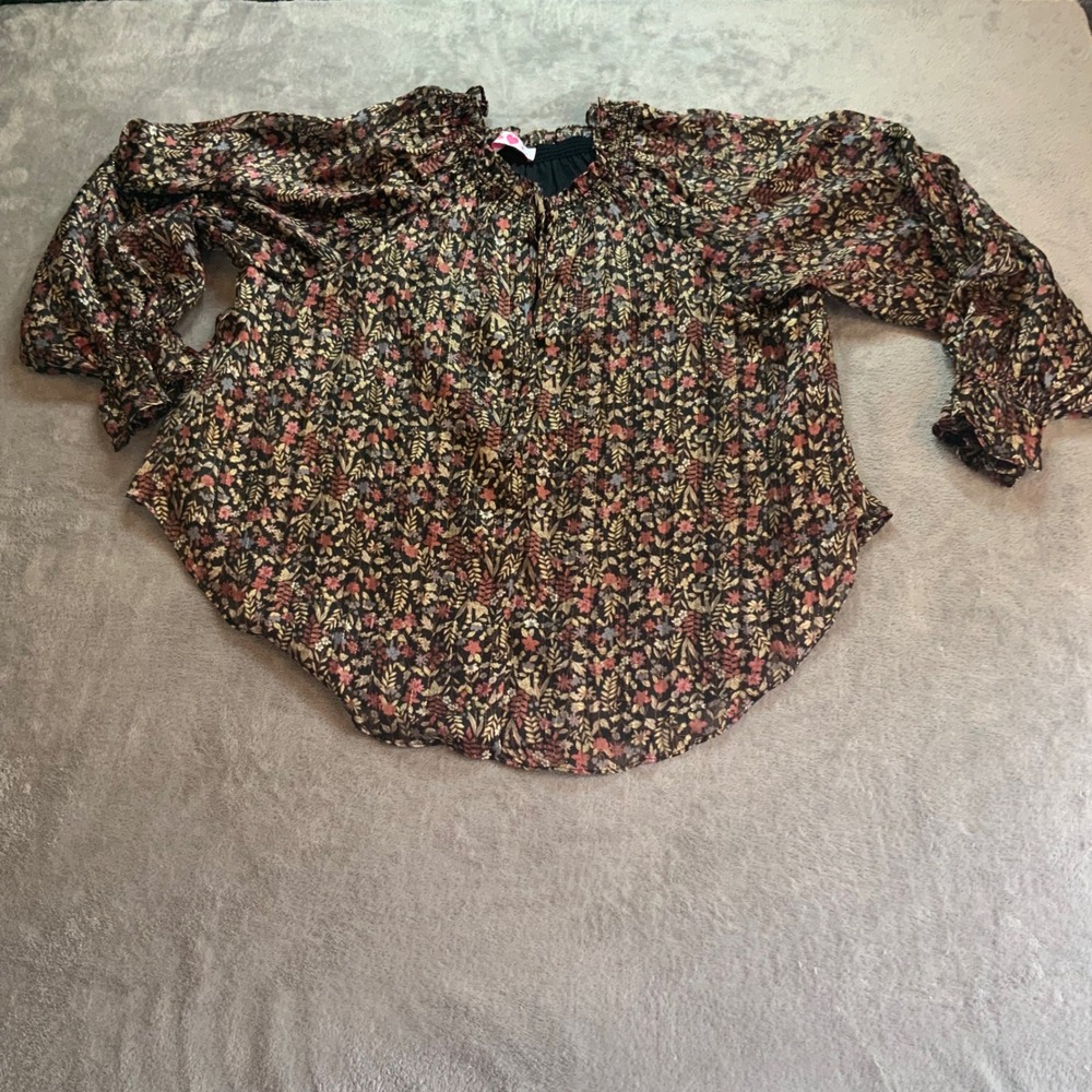 Buddy Love Floral Metallic Smocked Neck Balloon Sleeve Blouse Top Black Gold M